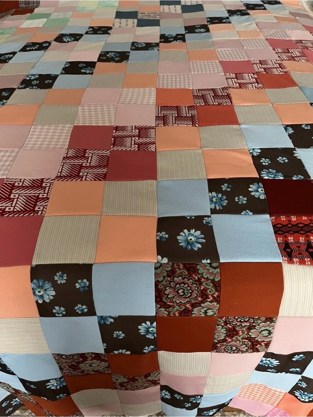 Vintage 1970s Patchwork Quilt Top - Retro Poly Knit Scraps (74